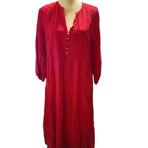 LOFT Red Button-Front Tiered Midi Dress, Women's Size Large